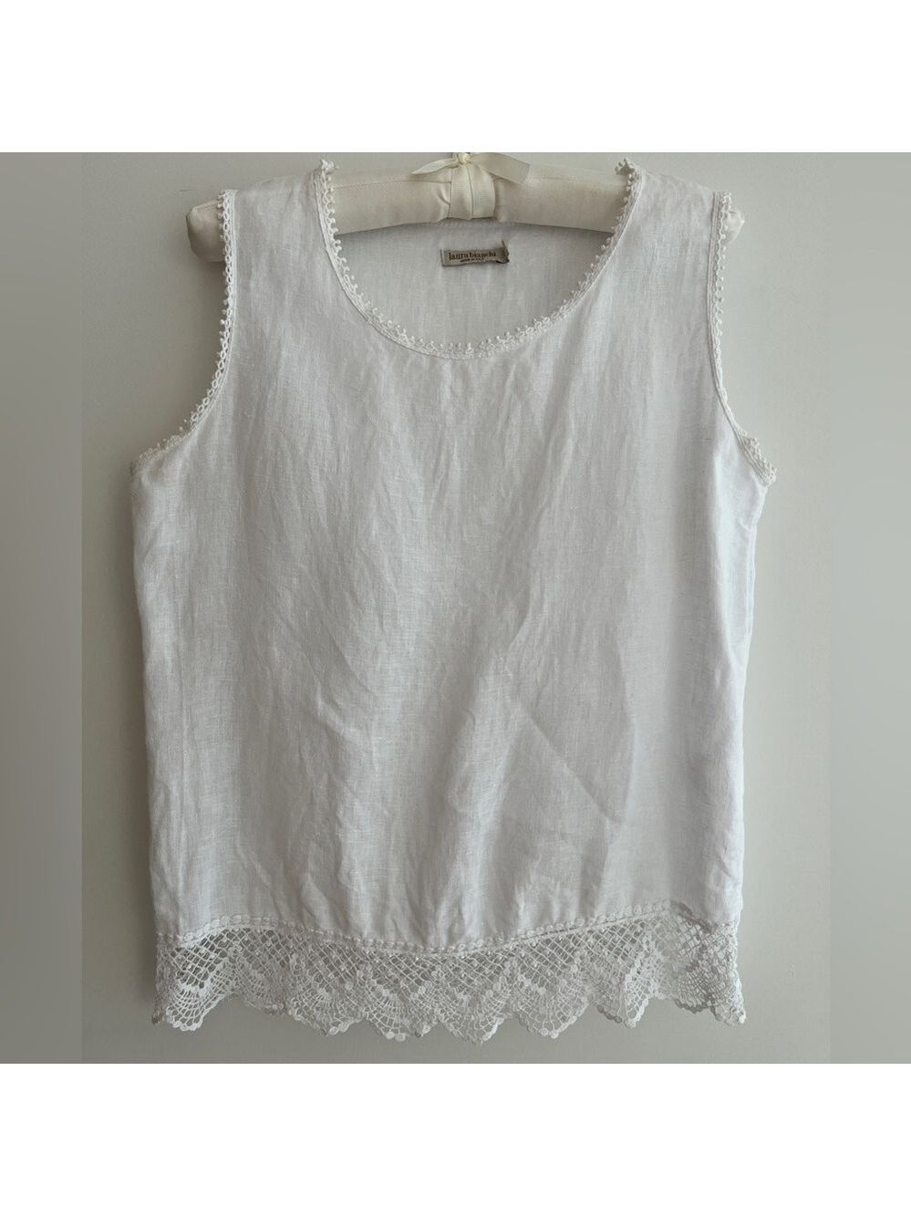 LAURA BIANCHI 100% Linen White Tank Top Crochet Hem Trim Made Italy Summer Chic